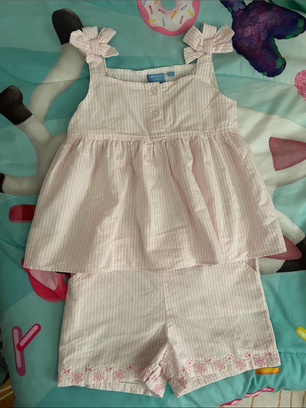 Draper James Pink & White Striped Bow-Shoulder Top with Embroidered Shorts